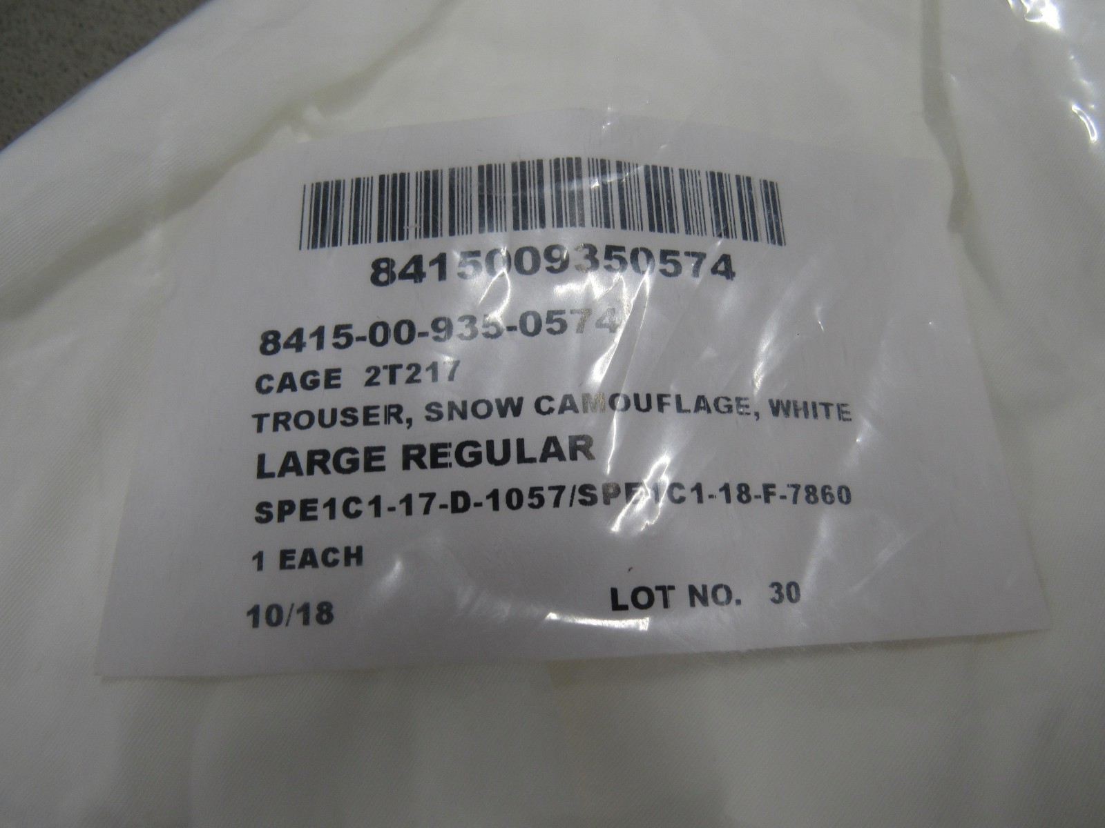 US GI Snow Camo Trousers Pants White Nylon Large Reg Tennier Industries 2018 NOS