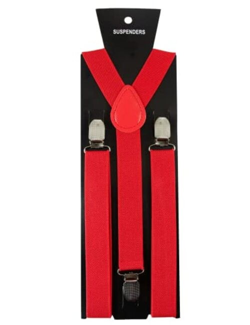Solid Color Mens Suspender with 3 Strong Clips Adjustable Braces Red