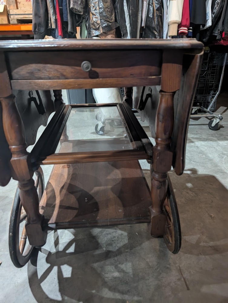 1960'S Solid Maple Drop Leaf Tea Cart Retractable Handle Drawer Rubber Tread
