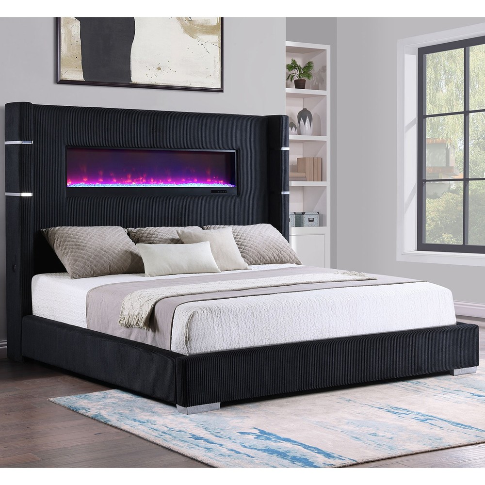 Judah Black Upholstered Queen Flame Visualizer Bed