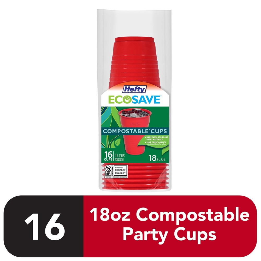 (3 pack) Hefty ECOSAVE Compostable Party Cups, Red, 18 oz., 16 Count