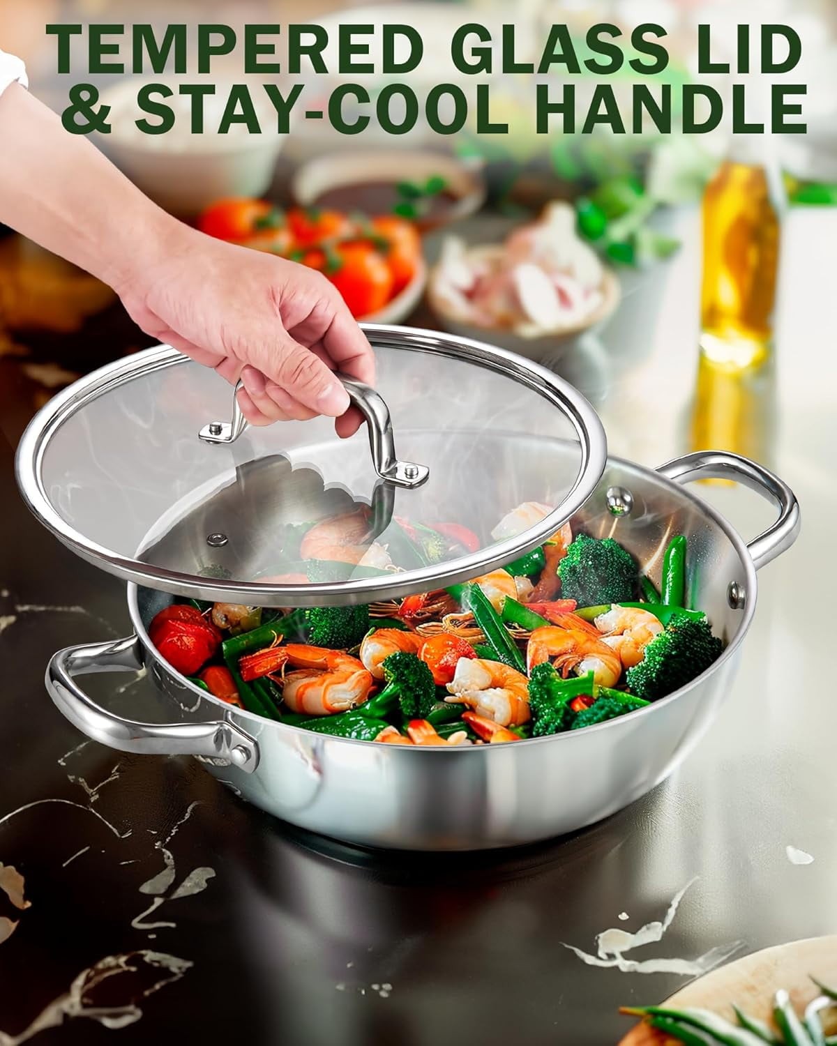 Cook N Home Tri-Ply Stainless Steel Wok, 12 Inch, Induction Compatible, Flat