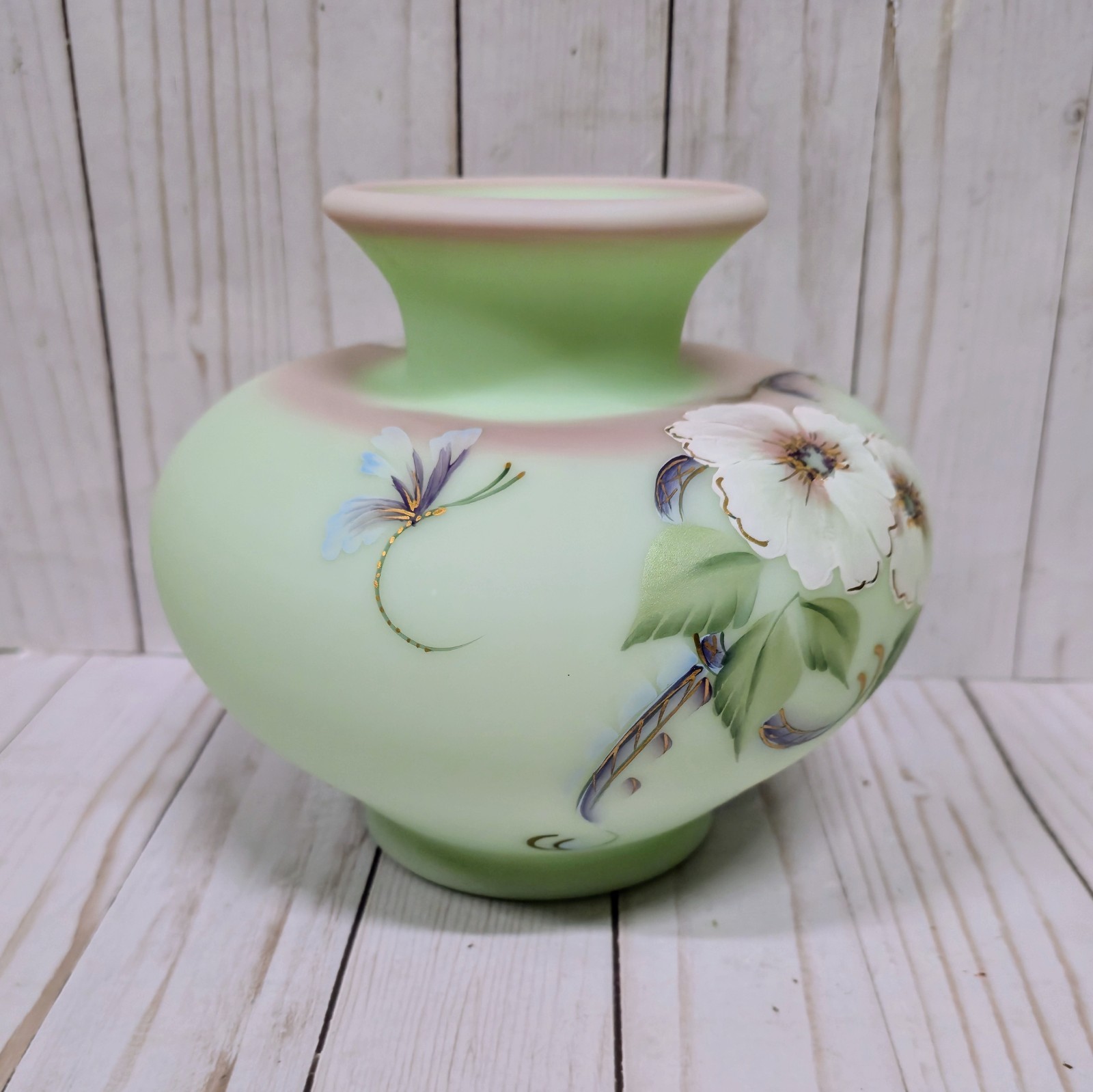 FENTON J.K. Spindler Connoisseur Lotus Mist Hibiscus Vase Hand-Painted 320/1950