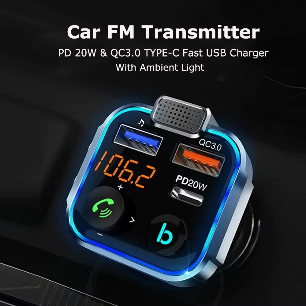 Bluetooth 5.0 Car Wireless FM Transmitter Adapter 2USB PD Charger AUX Hands-Free