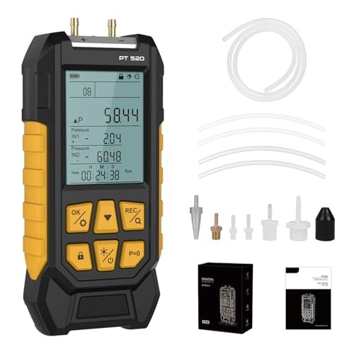 Dual-Port HVAC Manometer with 7 Adapters, Backlit Display, Data Locking, -100 to