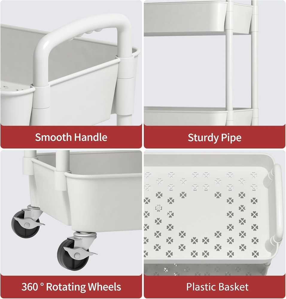 White 3-Tier Rolling Utility Cart - Easy Assembly