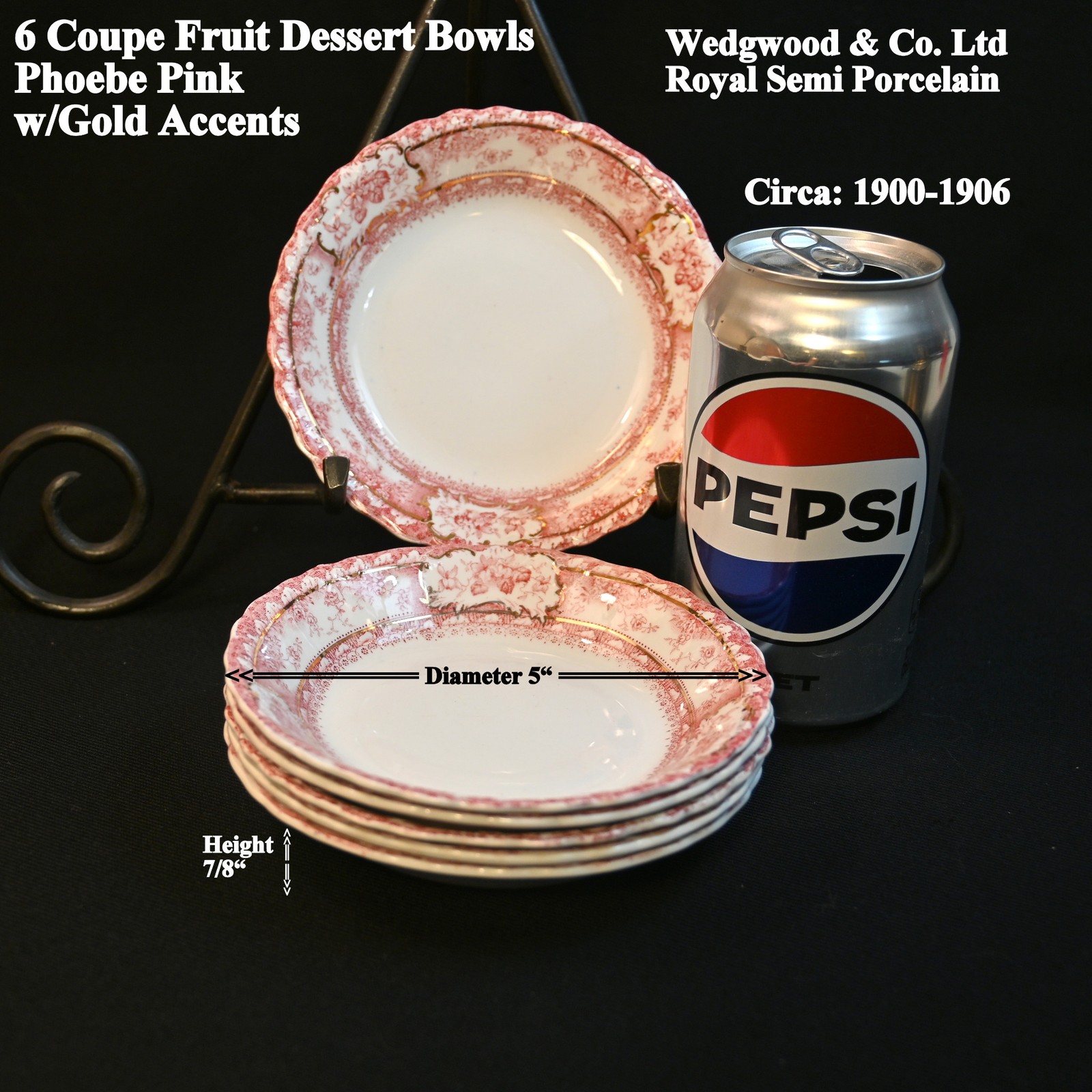 Wedgwood 6 Fruit Dessert Bowls Coupe Phoebe Pink wGold Accents England 1900-1906