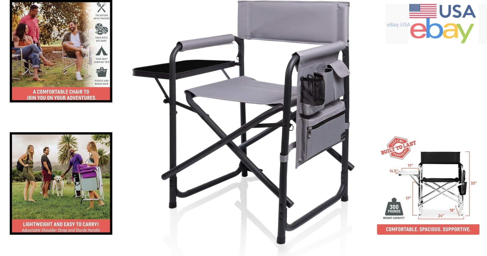Lightweight Folding Sports Chair with Armrest Caddy and Carry Strap for Outdoors