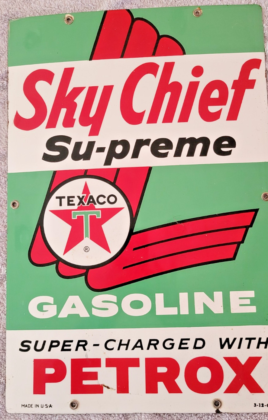 Original 1960 Sky Chief Su-preme Texaco Petrox Porcelain Sign 18" x 12"