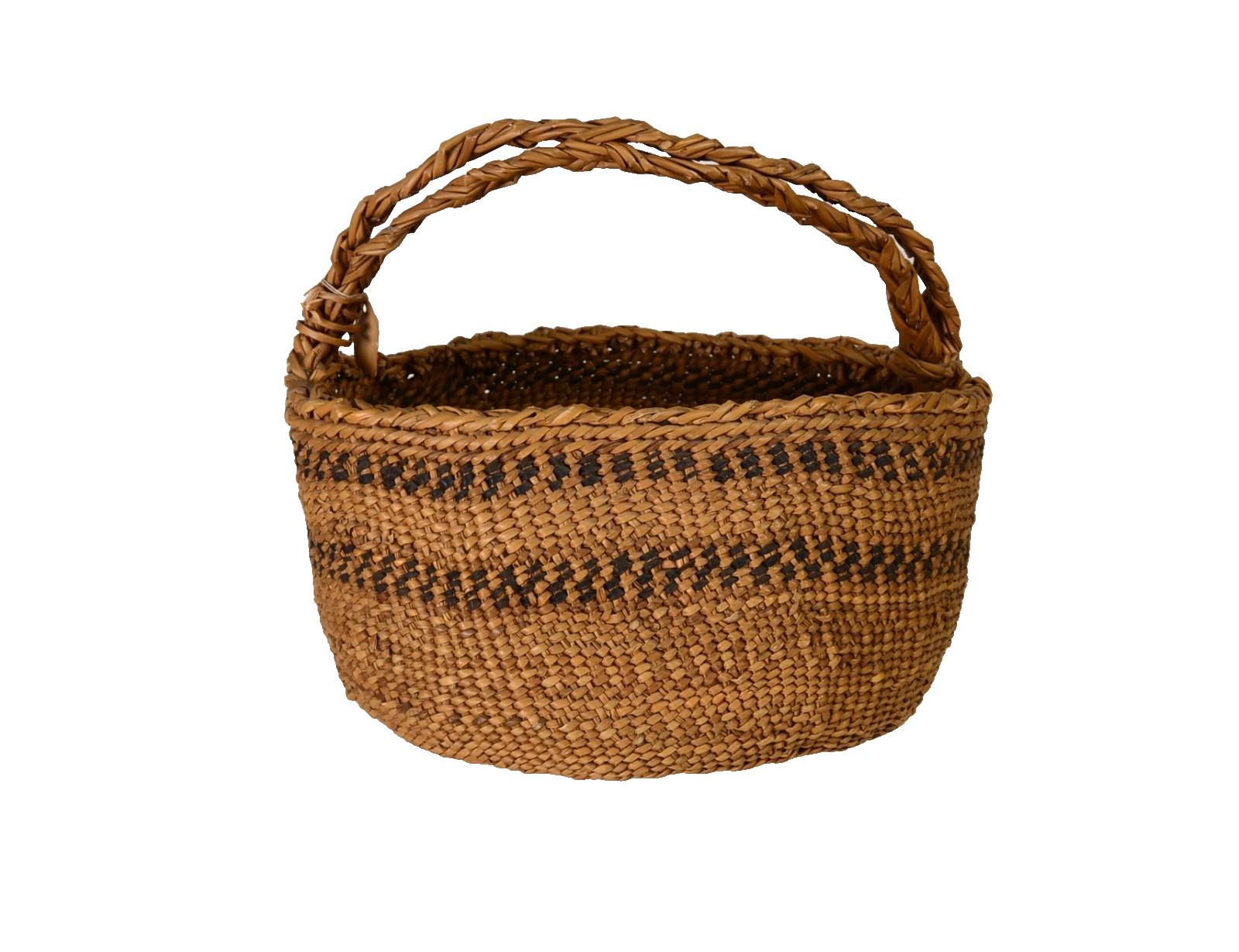 Siletz Reservation Oregon Oval Basket with Handle ca. 1900 - 1930  5.5" H x 10.5