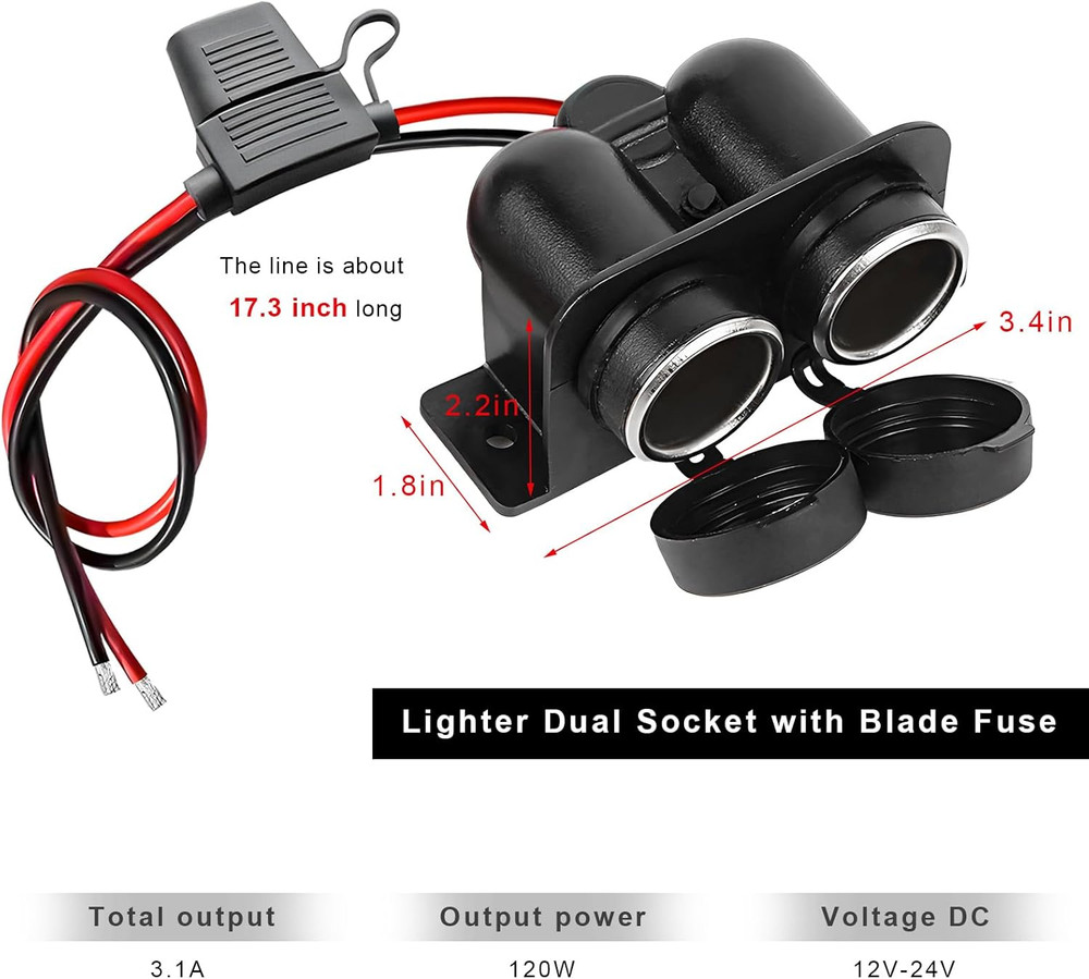 Cigarette Lighter Socket with Blade Fuse, Waterproof Auto Dual Socket Cigarette