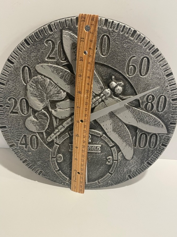 12" ROUND SPRINGFIELD DRAGONFLY METAL THERMOMETER CLOCK