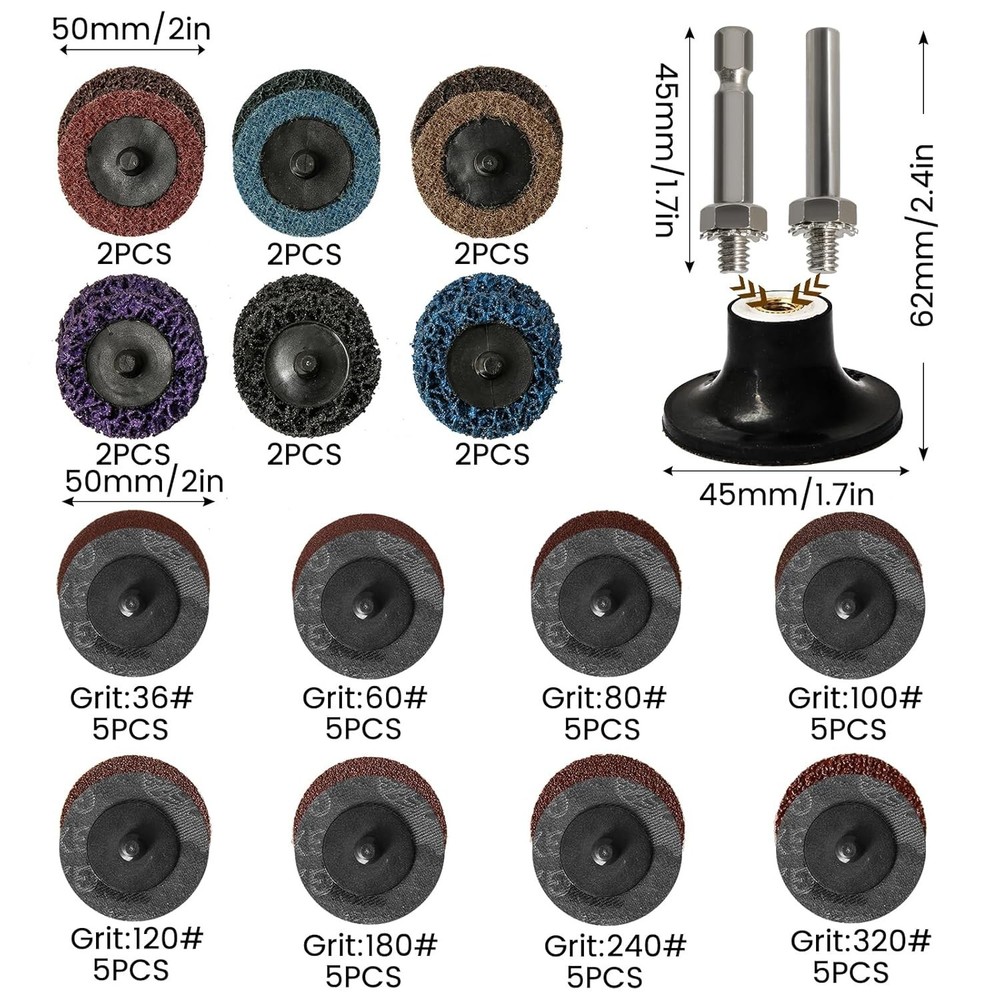 55Pcs 2 inch Roll Lock Quick Change Discs Set, Sanding Discs with 1/4" Holder...