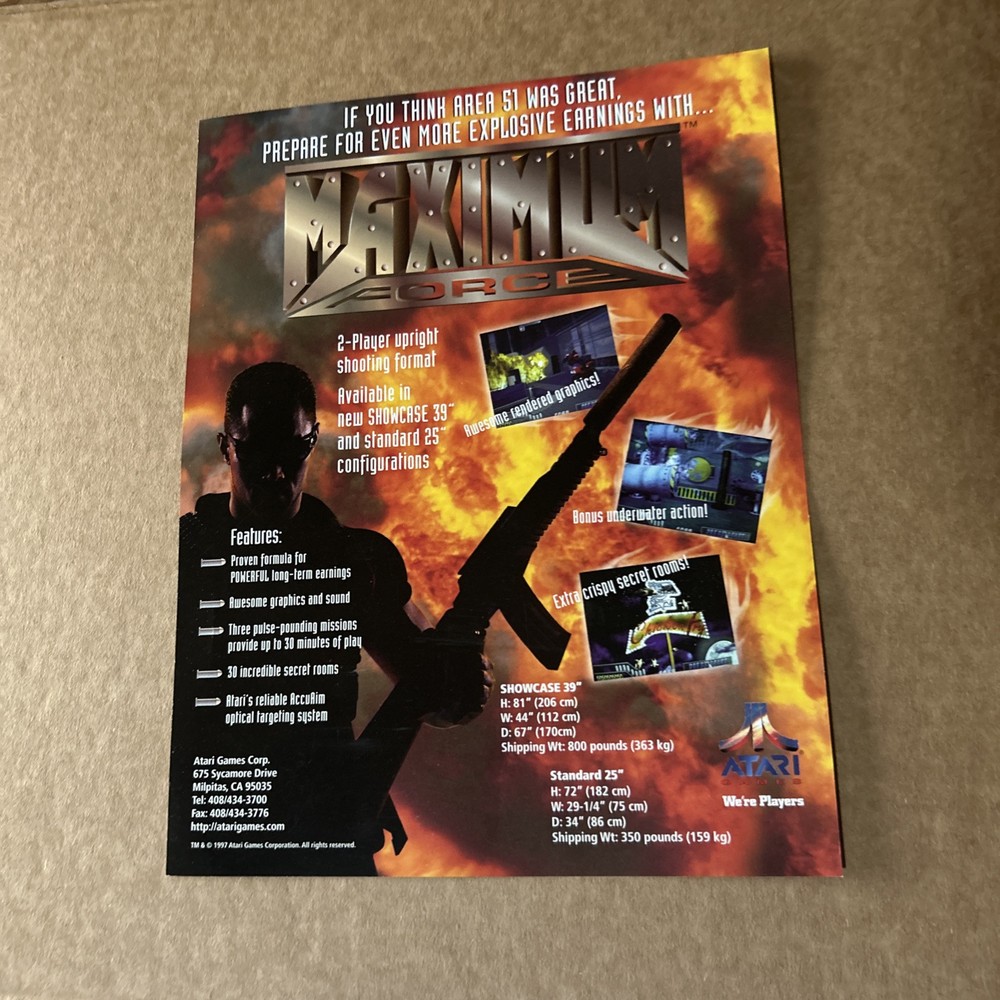 nos Original Factory Maximum Force Atari arcade Video game flyer