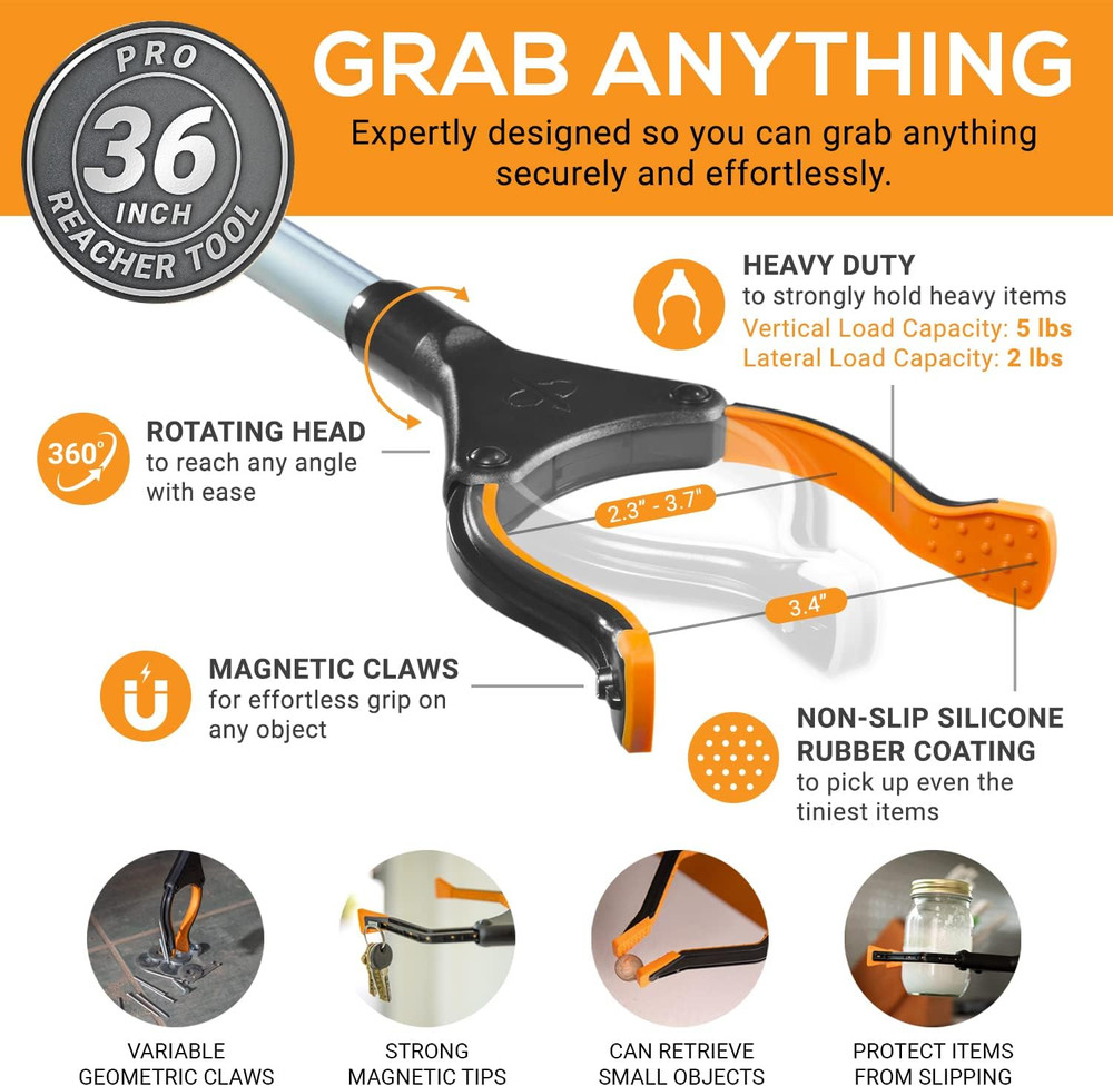 Pro 36" Flexible Folding Grabber Tool for Elderly + Magnets, Reacher for Disable