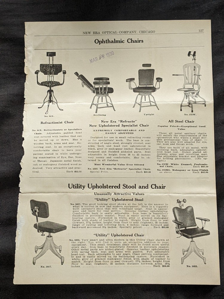 1930s optometrist tool advertising double sided sheet