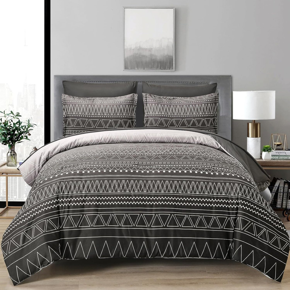 Boho Black Grey Comforter Set Queen Size 7 Piece Stripe Gradient Bed in a Bag Be