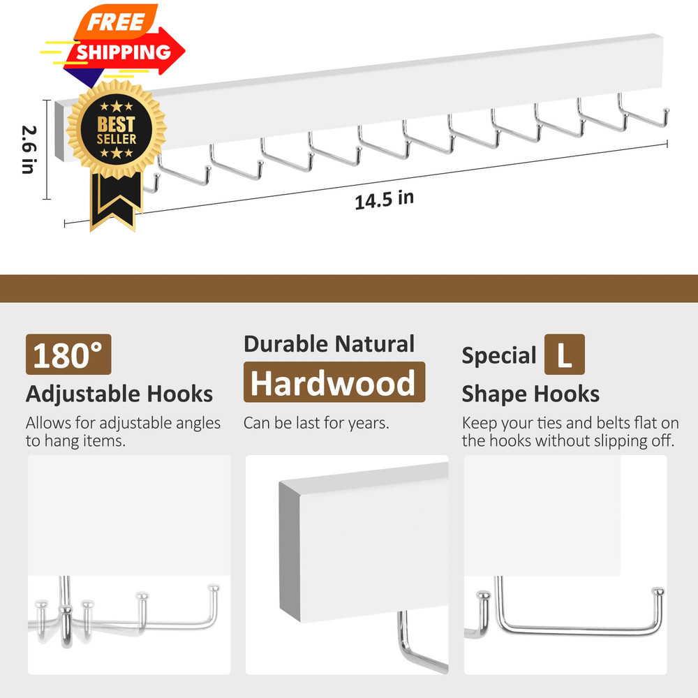 ZEDODIER 2 Pack Wodden Tie Hanger Wall Mounted, Space Saving 2 Pack, White