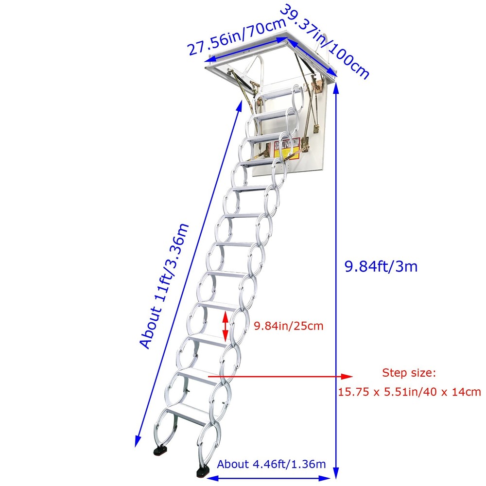 70*100cm Attic Loft Ceiling Retractable Folding Ladder Max 9.8 ft 12 Steps