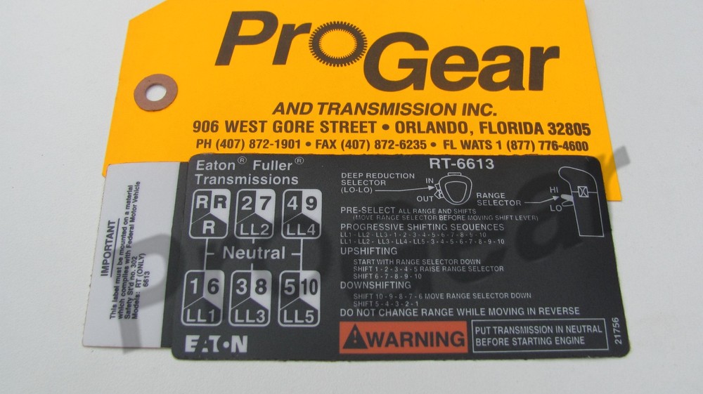 Fuller transmission 13 speed RT6613 shift pattern RT613   21756