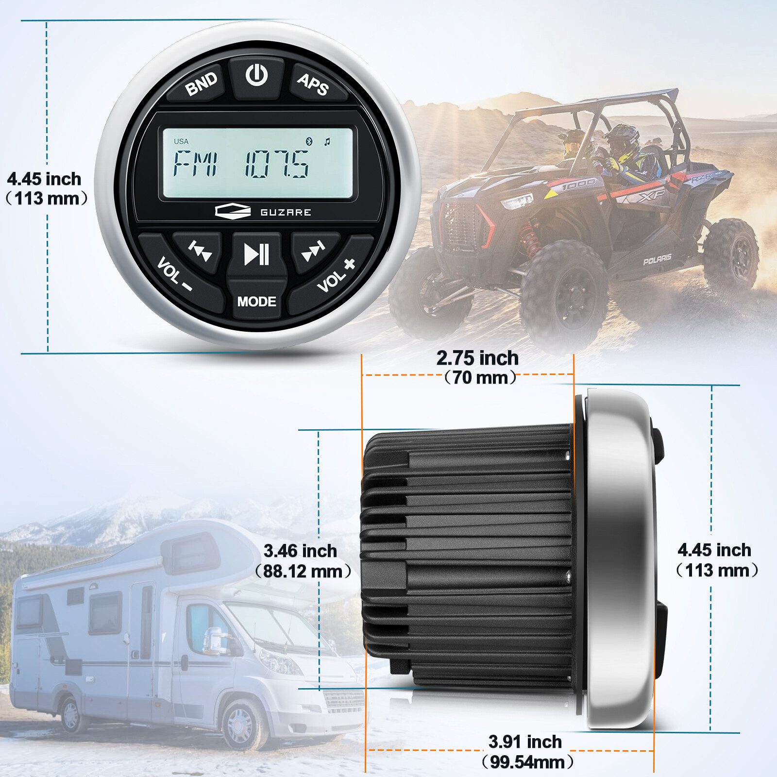 Marine Stereo Audio System Receiver with Bluetooth, USB, AUX input, FM/AM Radio