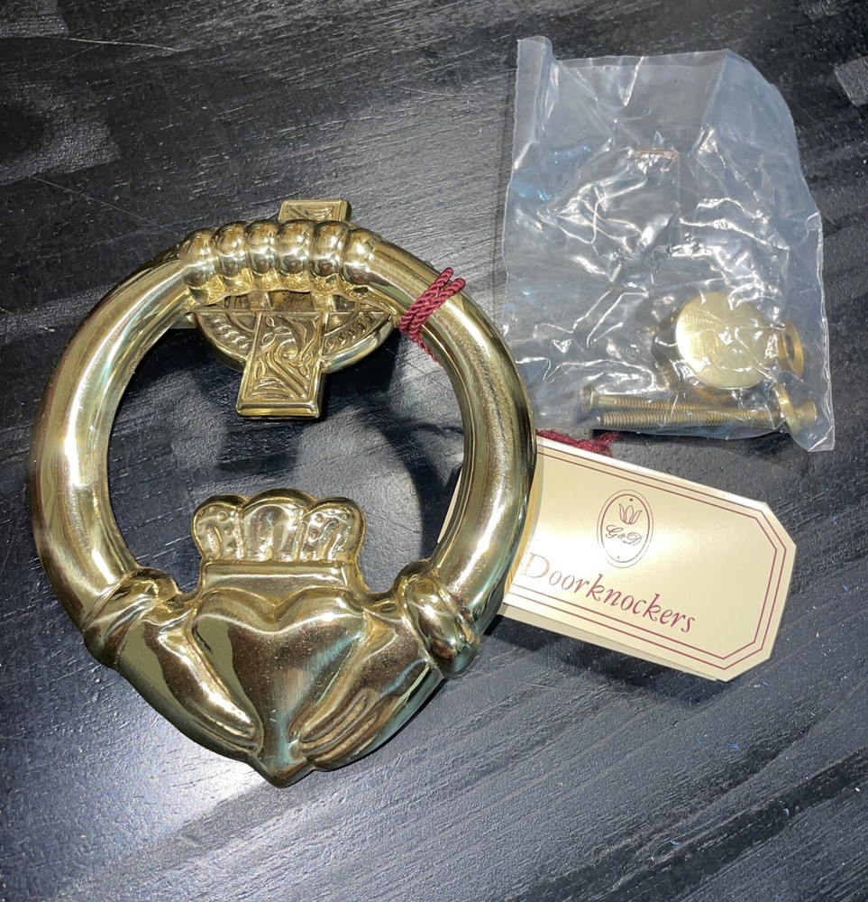 D & G Solid Brass CLADDAGH Doorknocker / CELTIC CROSS Back- Spain - NIB