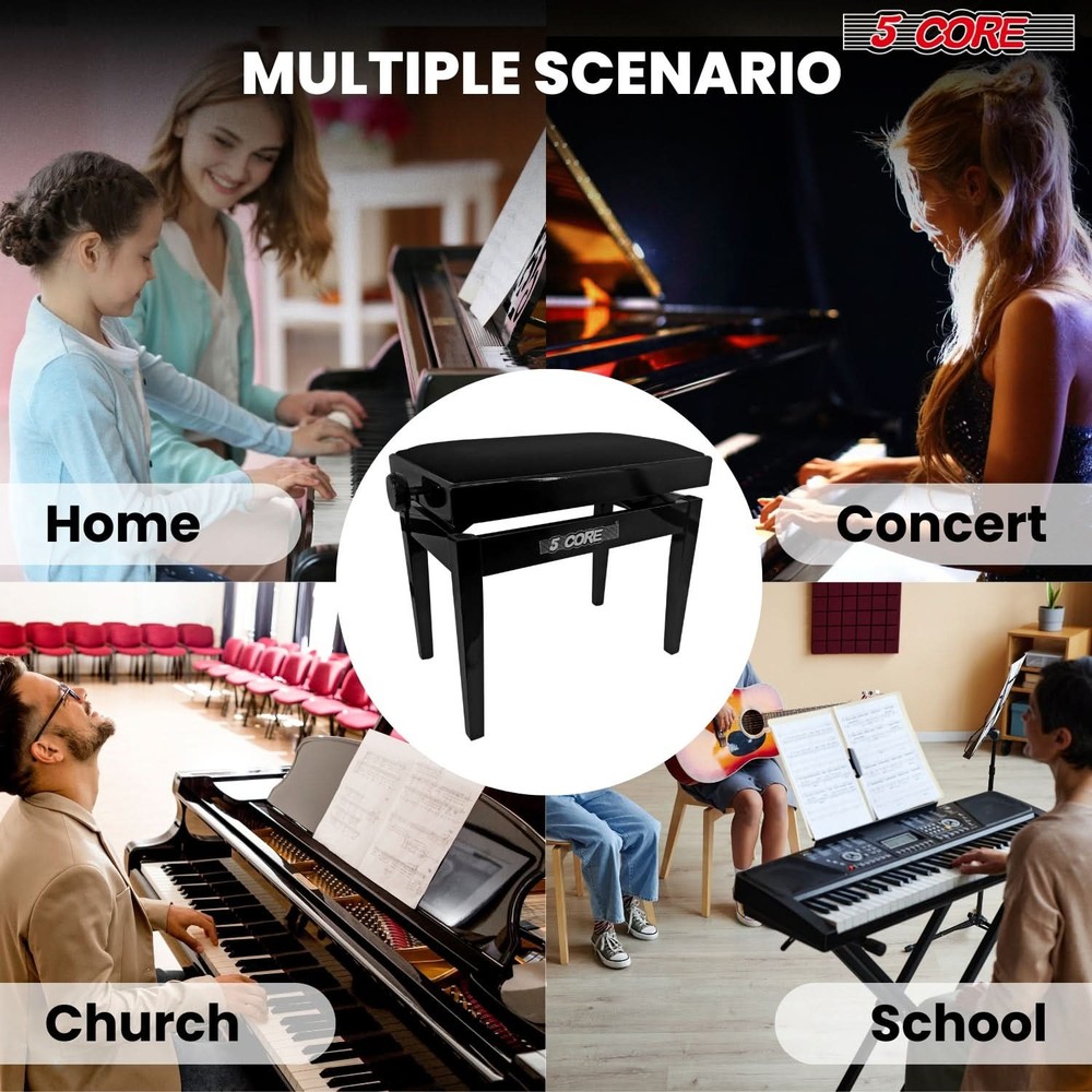 5 Core Piano Bench Height Adjustable Padded Cushion Solid Wood Keyboard Stool
