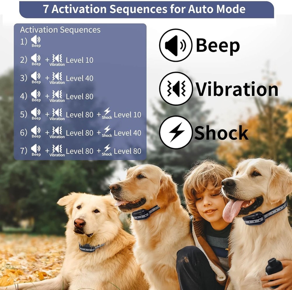 3 Dog VIBRATION TONE SHOCK Collar Large Automatic Bark Remote 5 LEVEL READ