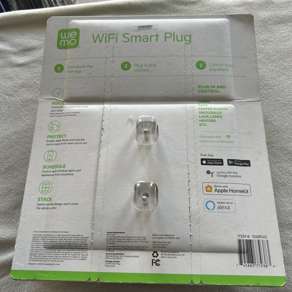 Wemo Mini Smart Plug WiFi Enabled Works with Alexa and Google Assistant Sealed