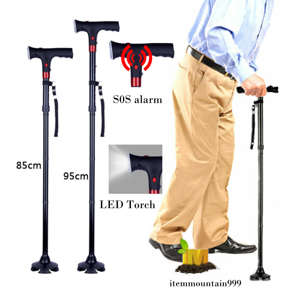 Adjustable Walking Stick Cane Folding Handle Metal With LED Light &Alarm button