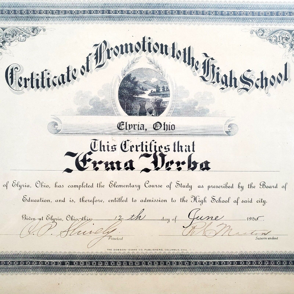 Certificate Promotion Elyria, Ohio Elementary School to High School 1925 Framed