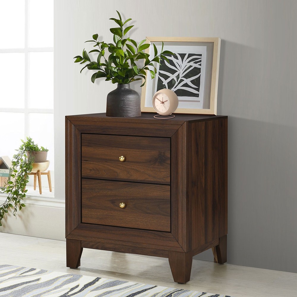 Walnut 2-Drawer Nightstand, Solid Wood Bedside Table, Modern Storage Cabinet