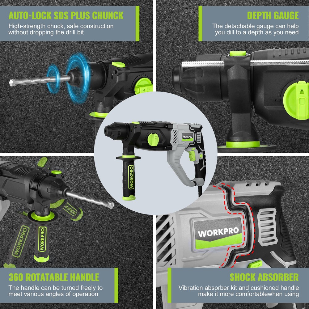 WORKPRO Rotary Hammer Drill 5PC Bits Lightweight Corded Premium SDS-Plus 7.5 AMP