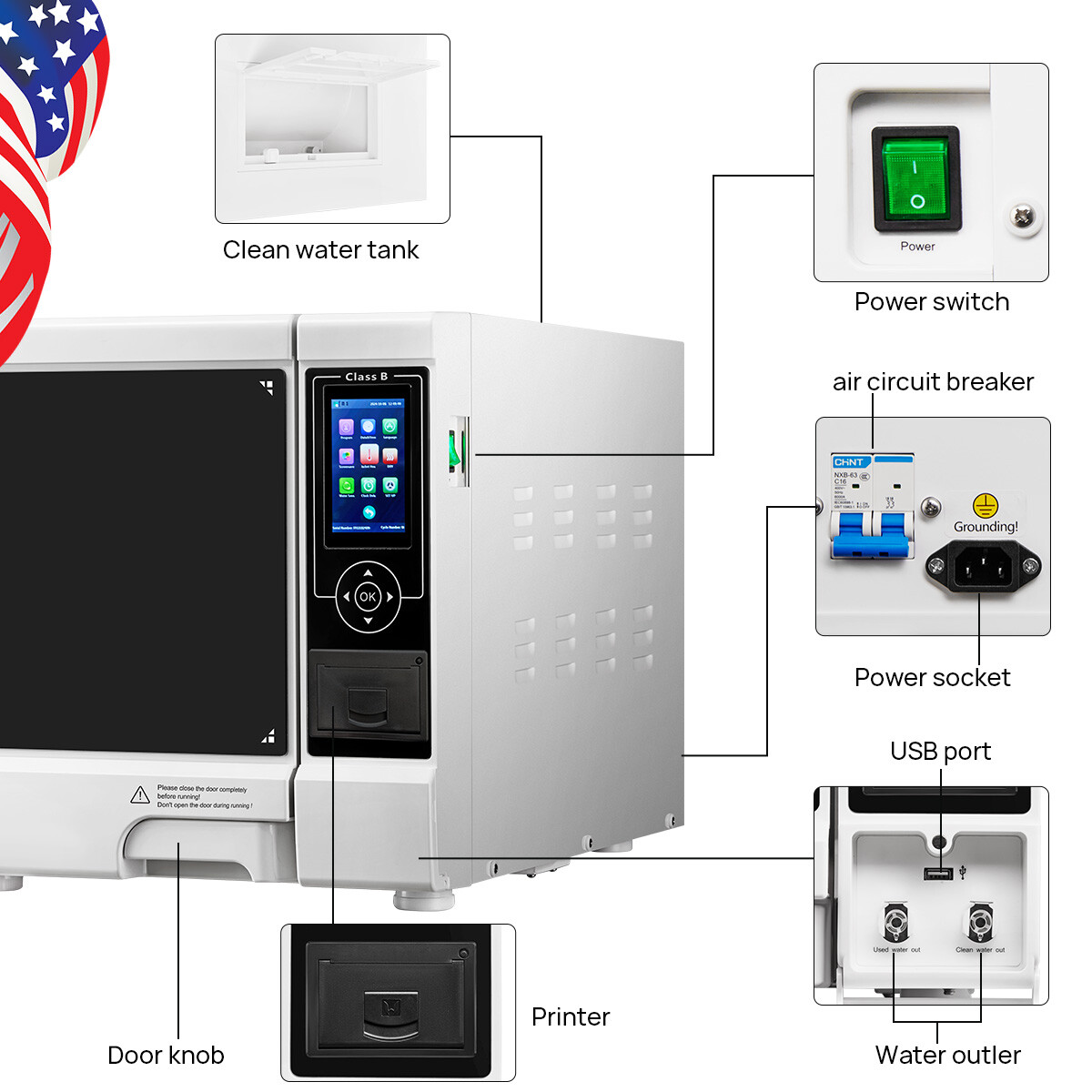 18L Dental Autoclave Steam Sterilizer Medical Class B Sterilization LCD Printer