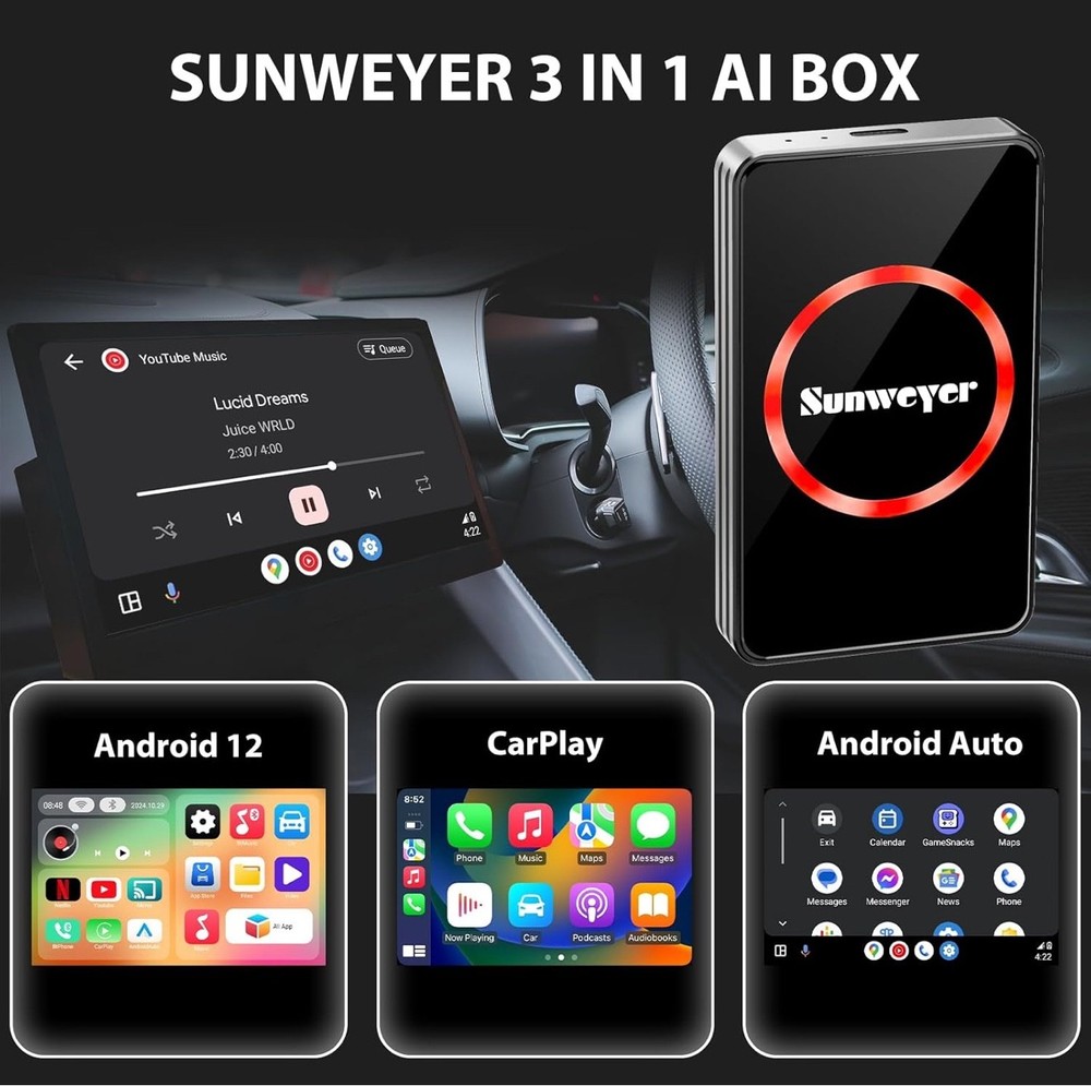 NEW - Wireless Car Play 3 in 1 Android 12/CarPlay/Android Auto SW12Pro