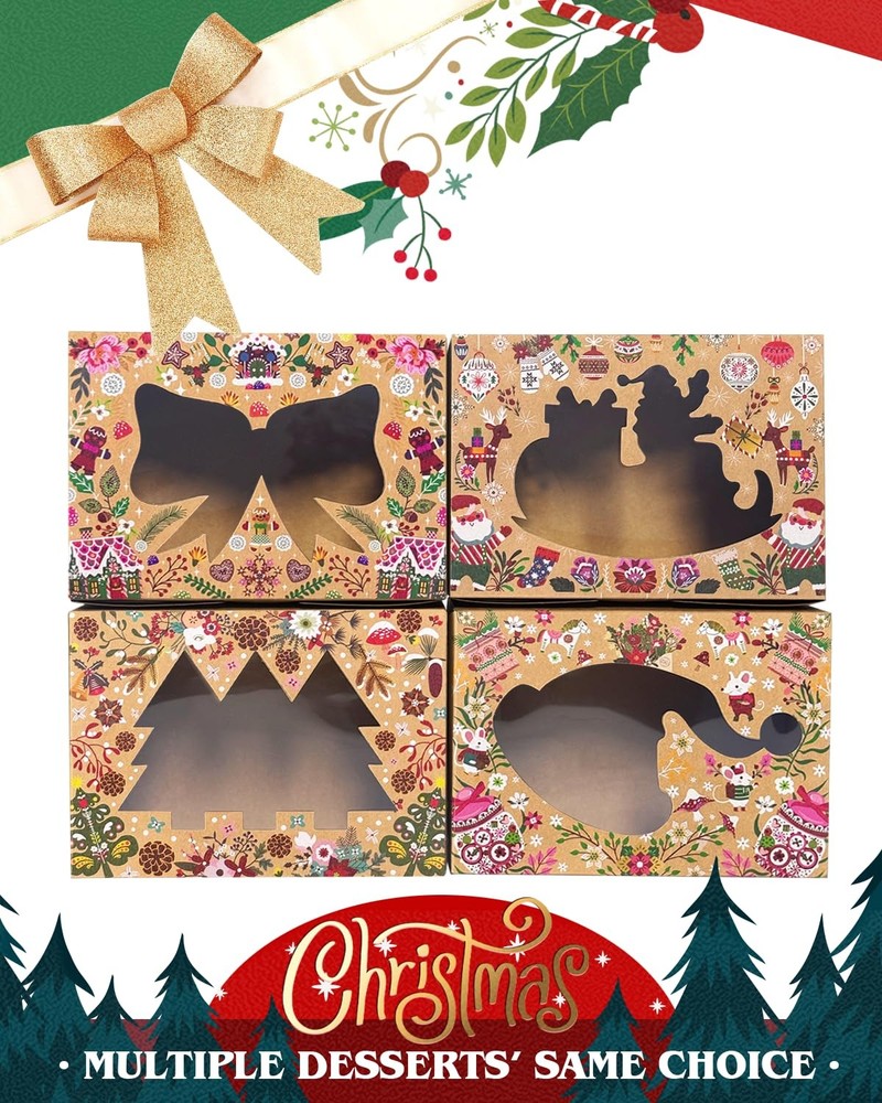 Christmas Cookie Boxes 48Pack 6x8x2.7 Inch Bakery Box Window Bow Design