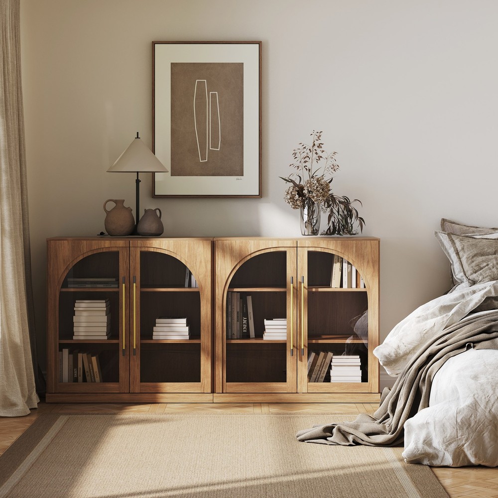 Set of 2 Modular Sideboard with Storage, Camel/ Ebony