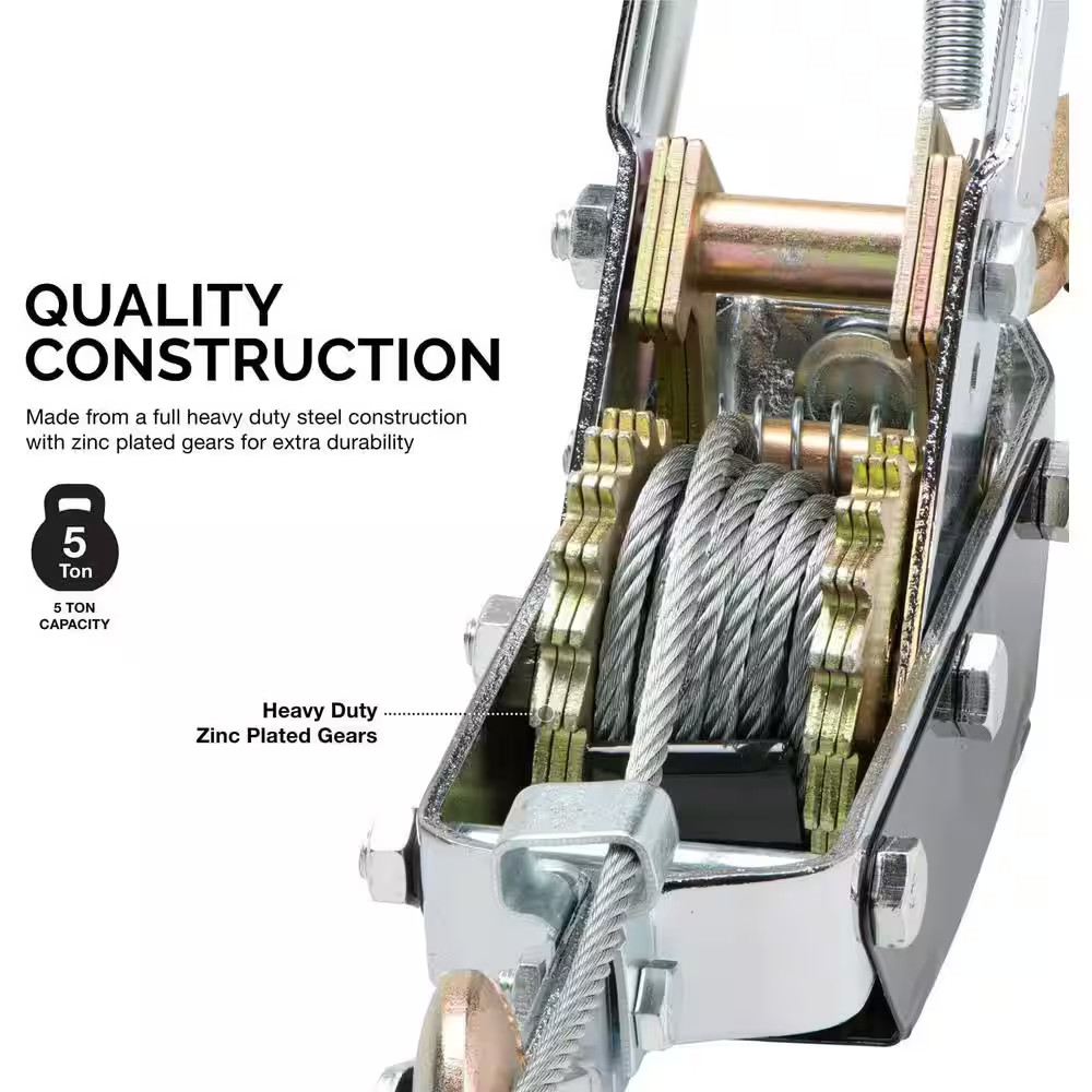 5-Ton Come along Winch, 10,000 Lbs. Pulling Capacity, 10 Ft. Cable, 3-Hooks, Dua