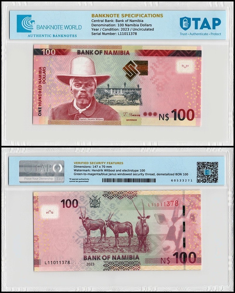 Namibia 100 Namibia Dollars, 2023, P-14a.3, UNC, TAP Authenticated