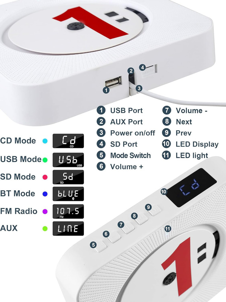 Portable Wall Mounted CD Player with Bluetooth, Mountable CD Music Player Built
