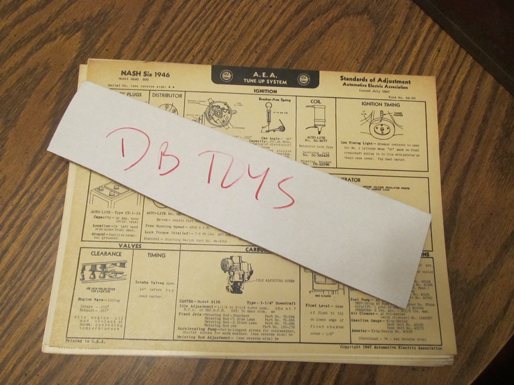 A.E.A. Tune Up System Charts Nash Six 1946