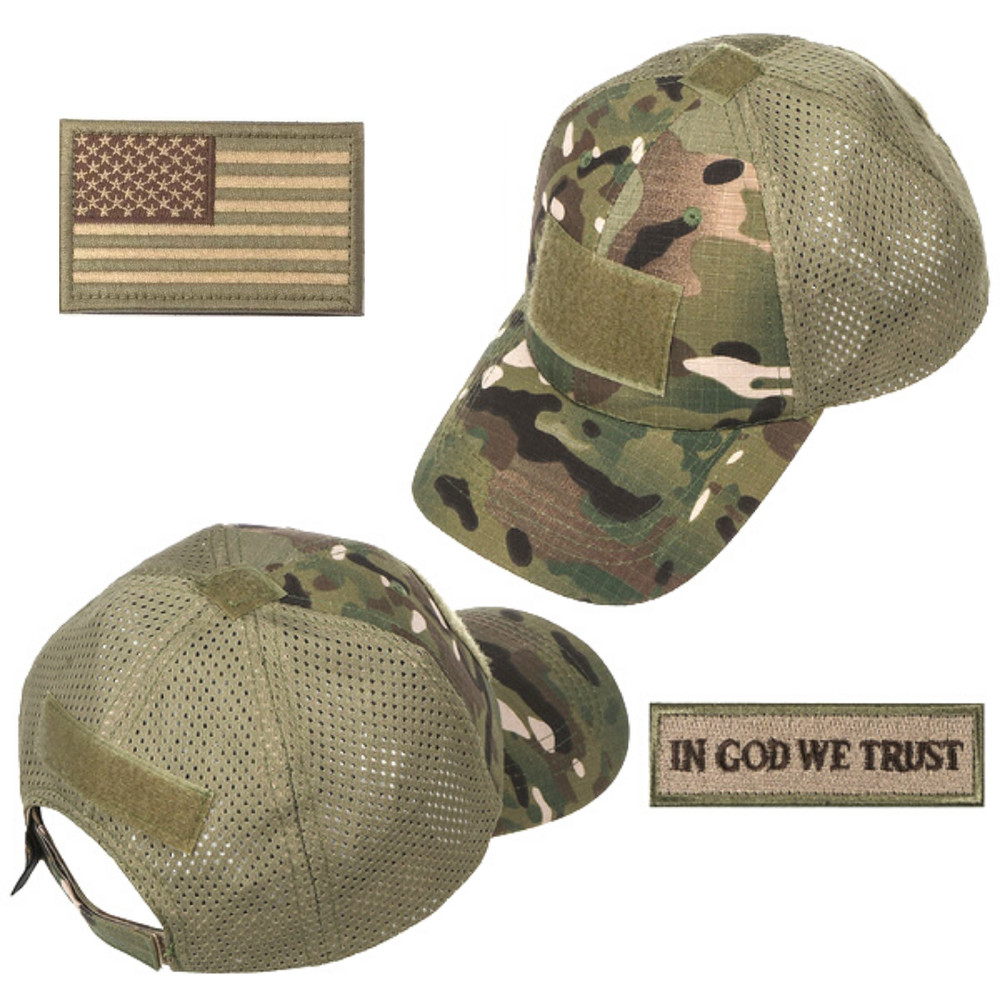 Mesh Tactical Cap Bundle with USA Flag Patches, Durable, Green Multicam Hat