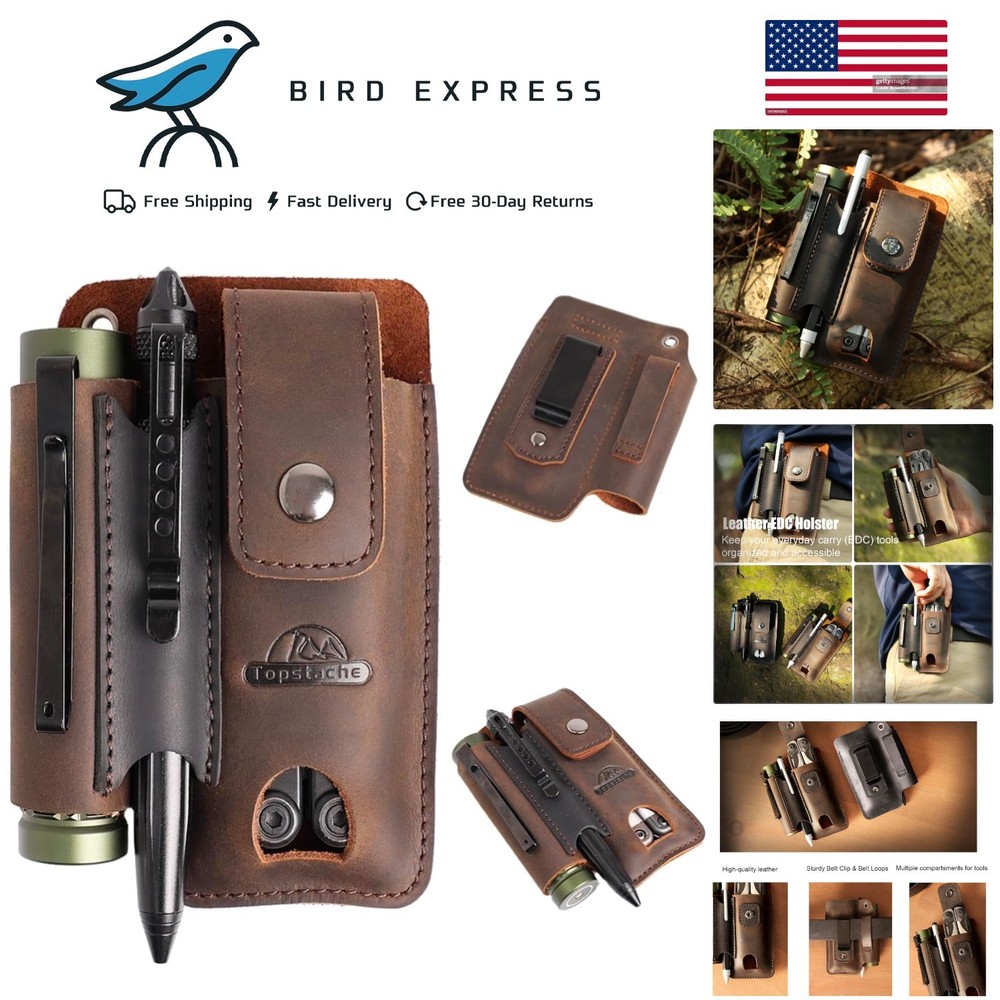 Leather multitool sheath with belt clip and compartments for EDC tools