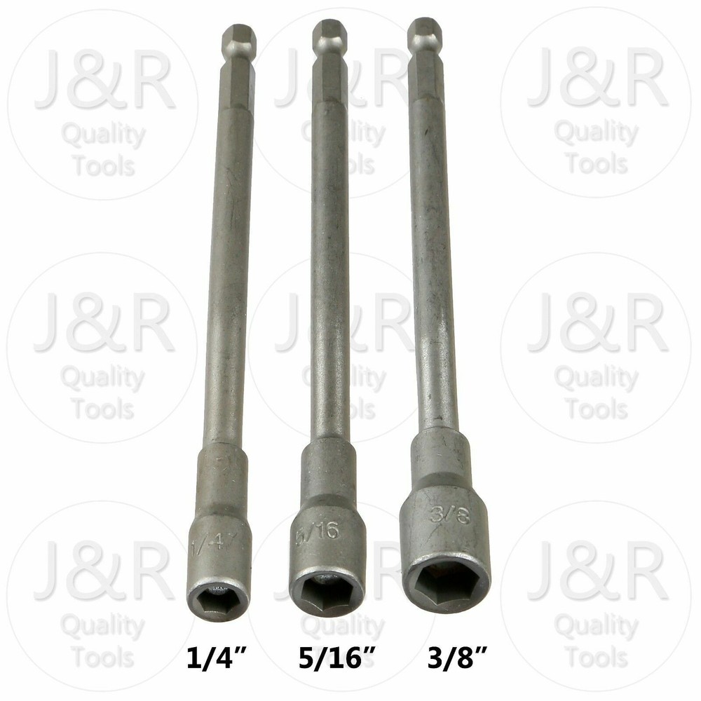6" Long Magnetic Nut Driver 1/4" Hex Quick Change Shank 3-pc Drill Set Power