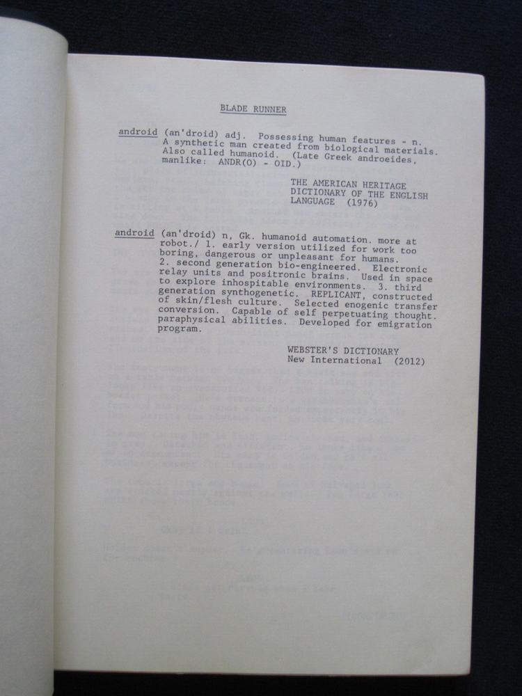 ORIGINAL BLADE RUNNER SCRIPT - BASED ON PHILIP K DICK'S NOVEL, DIR. RIDLEY SCOTT
