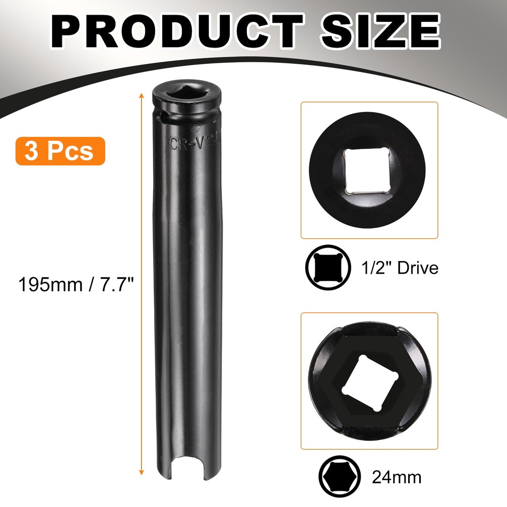 3pcs 6-Point Slotted Deep Impact Socket 1/2" Drive 24mm Socket 7.6" Long
