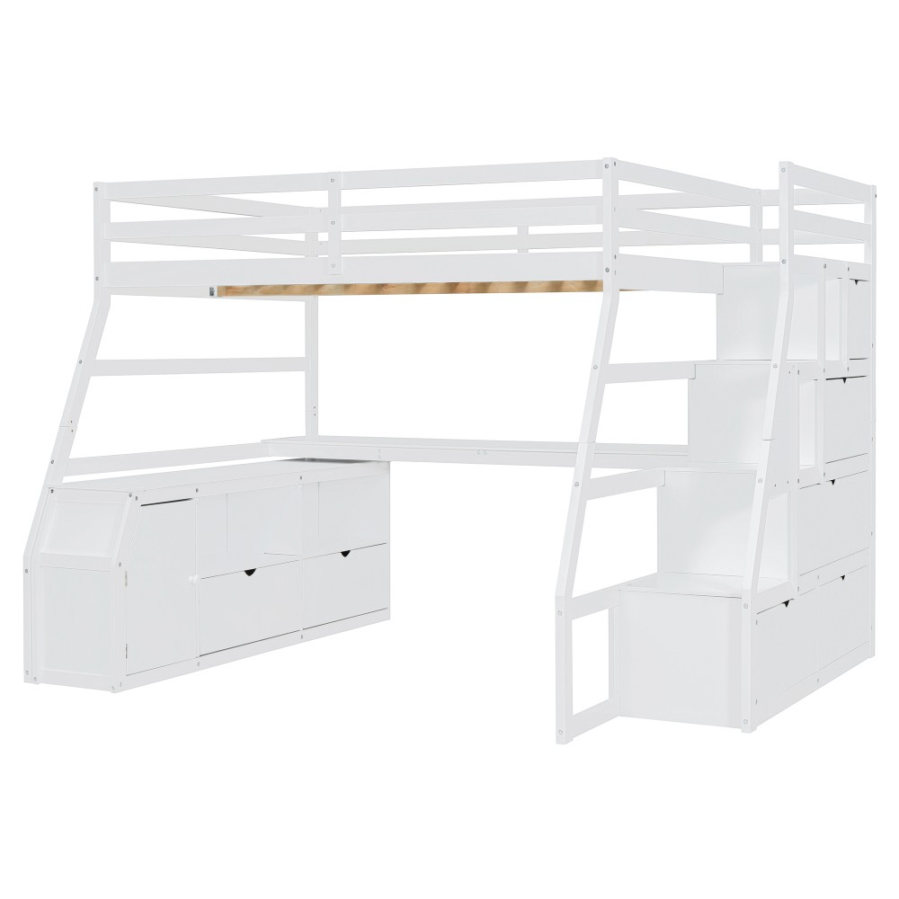 Full Loft Bed w/ Desk & Storage - White - Sturdy Pine Frame