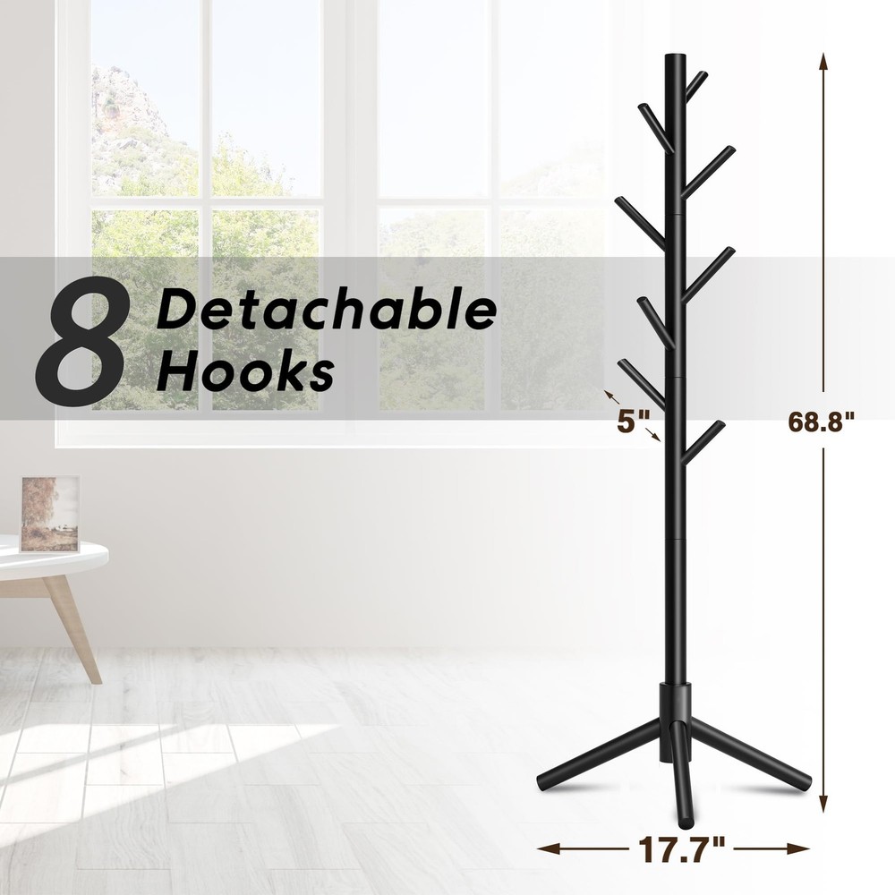 Coat Rack, Coat Racks Freestanding with 8 Hooks 3 Adjustable Heights for Clot...