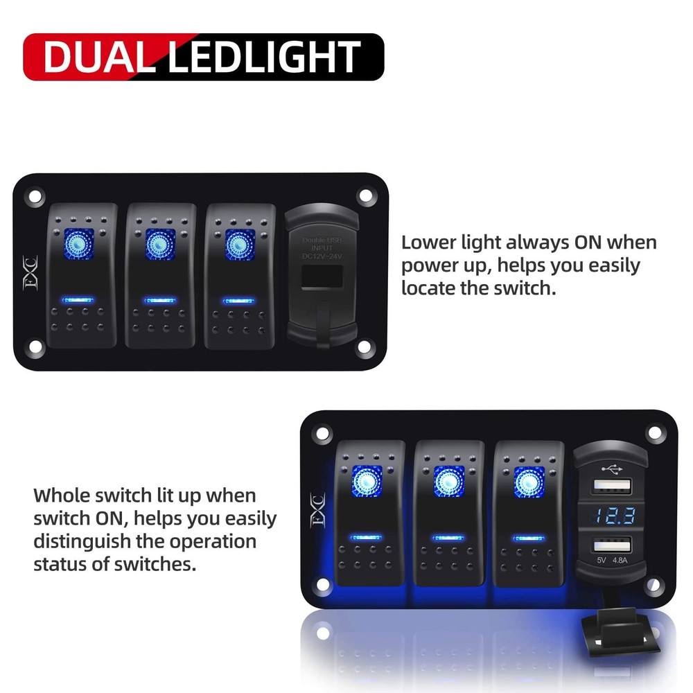 Multi-Function 3 Gang Rocker Switch Panel with Blue LED, USB Charger & Voltmeter