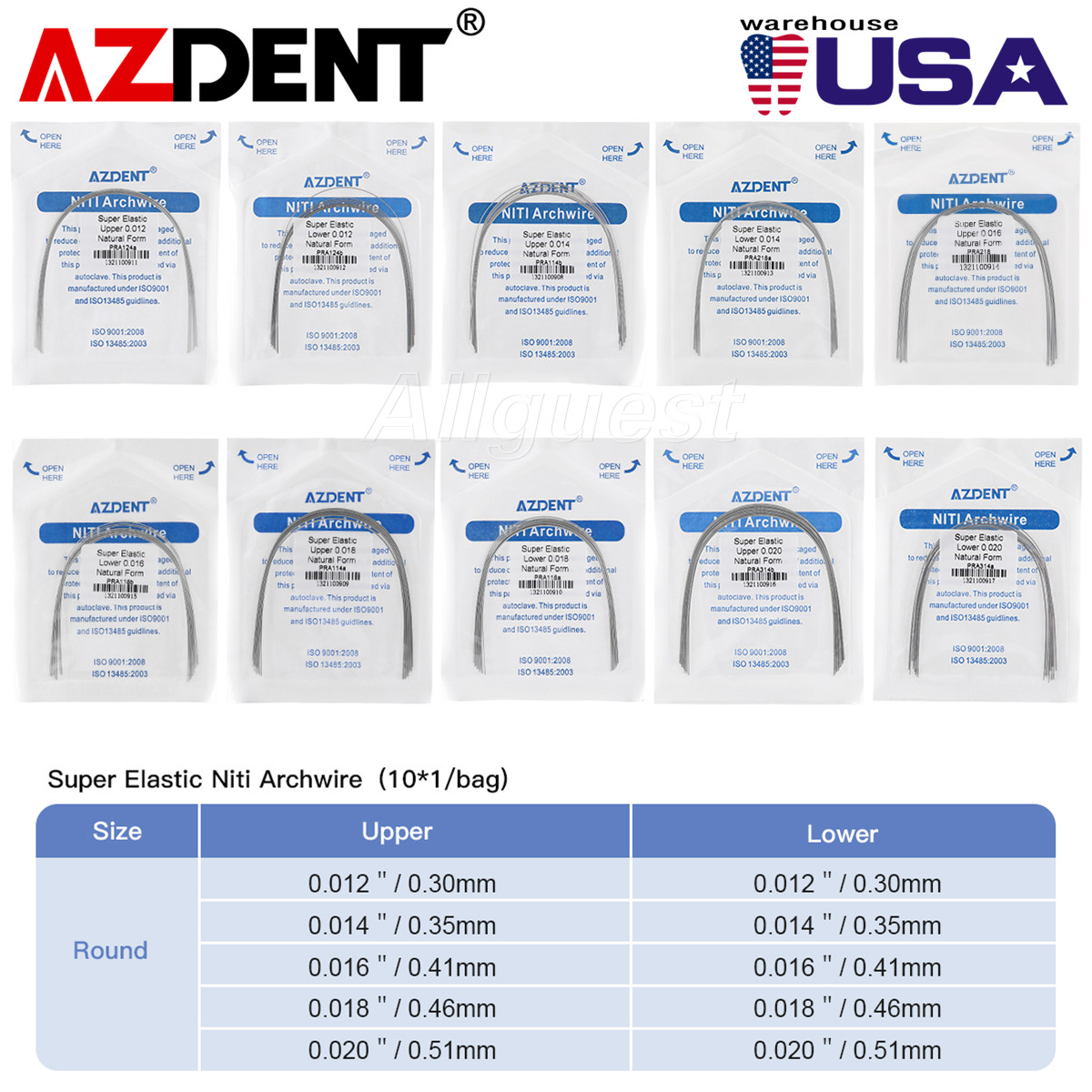 AZDENT Dental Orthodontic Arch Wire Super Elastic Niti Round Natural Form USA